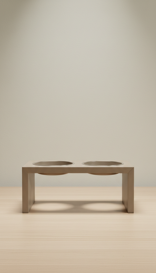 Raised dog feeder in sanded taupe